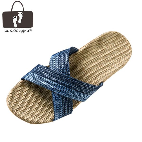 

summer new men anti-slip linen home slippers indoor summer open toe flats shoes men mixed colors striped slippers, Black