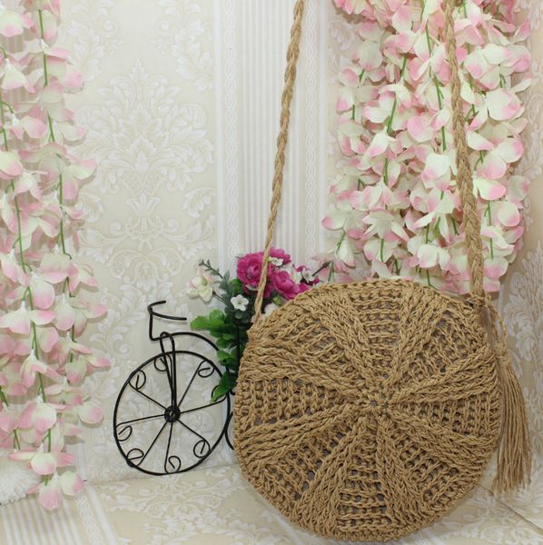

2019 handmade rattan woven round lady handbag straw knit bohemian summer beach bag woman shoulder messenger bag khaki beige tote