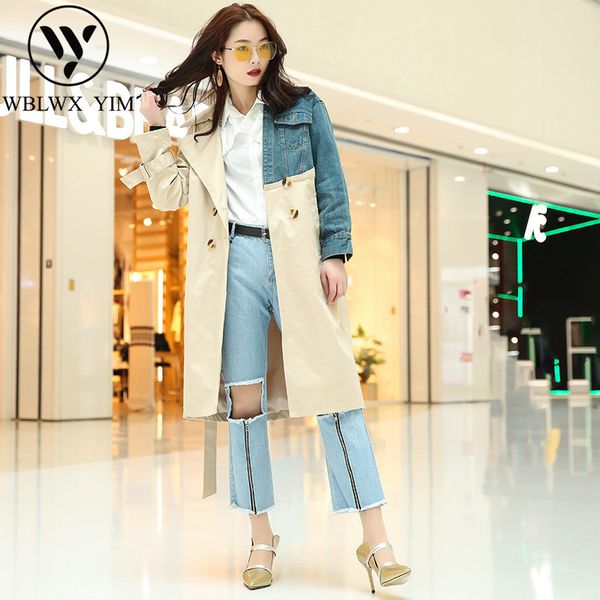 

women's trench coats fashion denim splice coat women spring autumn casual long sleeve loose female classic double-breasted outerwear, Tan;black