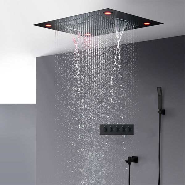 Bagno moderno Set doccia nero opaco Soffitto a scomparsa Soffione doccia a LED grande Pannello 600 * 800MM Rubinetti doccia termostatici a cascata