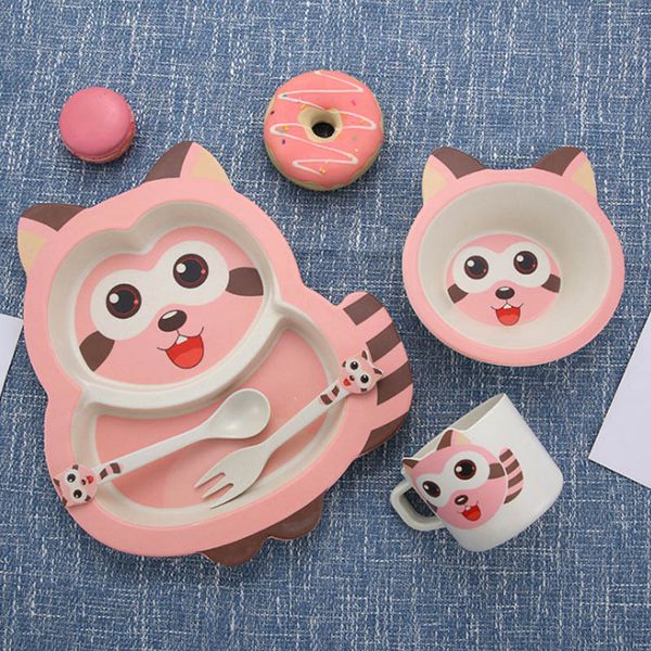 

5pc raccoon shape cartoon feeding dishes bowl bamboo fiber tableware set dinnerware for children dishes bowl spoon fork