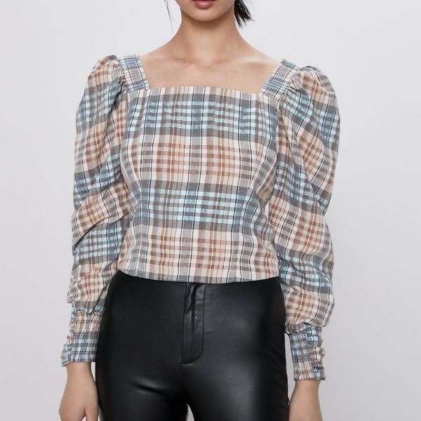 

chic women blouse shirt summer 2020 new fashion full sleeve plaid shirt modern lady pullover top, White