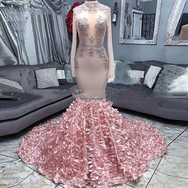 

mermaid african prom dresses with sleeves high neck 3d leaves skirt special occasion dresses long graduation gala dress vestido de festa, Black