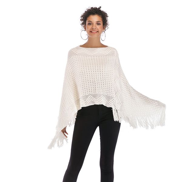 

women's shawl clothing autumn and winter solid color irregular tassel cloak shawl plaid knit bat shirt, Blue;gray
