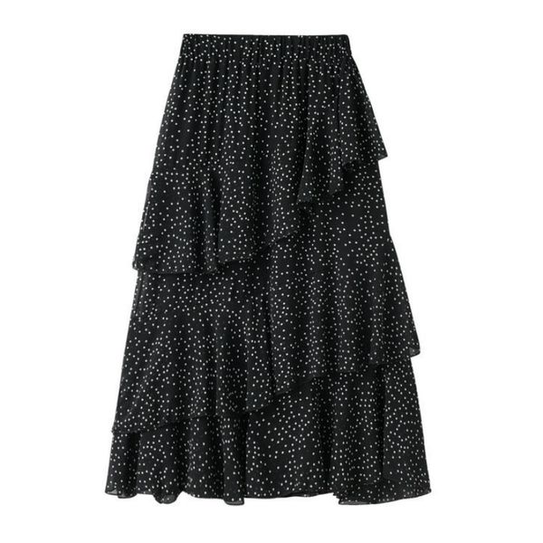 

summer dotted chiffon skirt irregular female irregular cakee layered casacading ruffles polka dot a-line ankle long skirts, Black