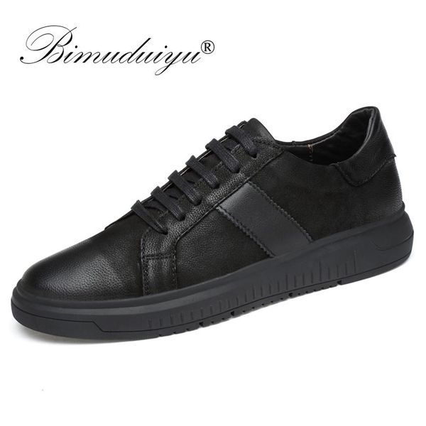 

bimuduiyu men genuine leather casual shoes men lace up new fashion sneakers rubber sole non-slip breathable soft flats men, Black