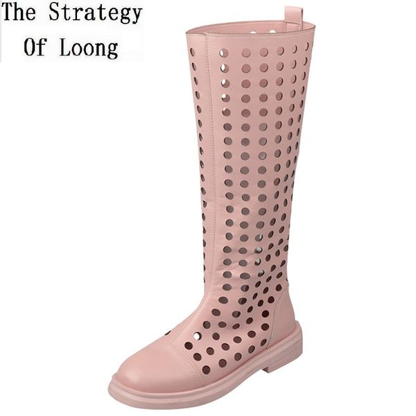 

2019 summer fashion breathable hollow women long boots cut out knee high thick heels antiskid sole slip on lady shoes 190420, Black