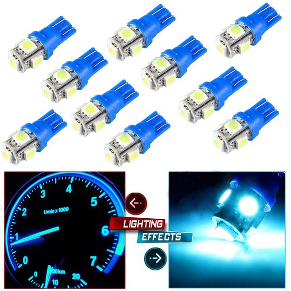 

10pcs 12v ice blue t10 w5w 168 192 5 led car wedge license plate light bulb tail turn signal parking slamp