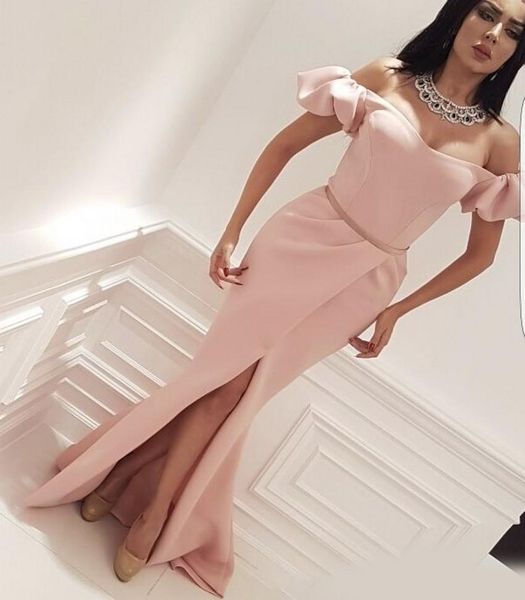 

arabic light pink mermaid prom dresses long 2020 off shoulder front split bubble-sleeves floor length formal evening dress ogstuff, Black