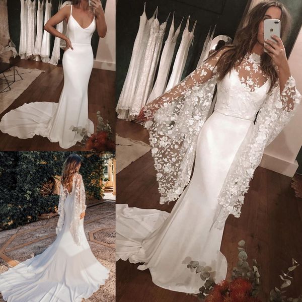 Vestidos de noiva inspirados vintage 2020 com bainha floral destacável / coluna Satin robe de mariage sem encosto vestidos de Novia tribunal trem