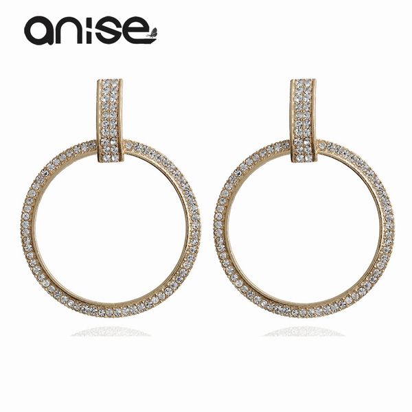 

anise rhinestone geometric metal drop earrings shining gold color round dangle earring for women wedding party jewelry, Silver