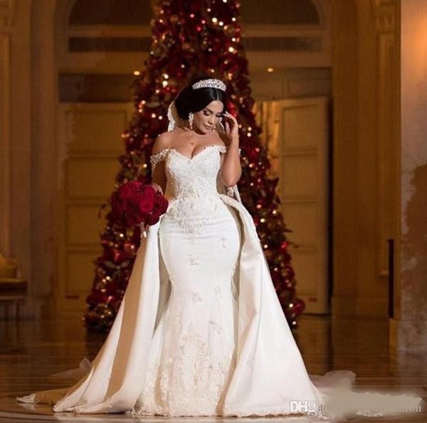 

african overskirts wedding dresses plus size lace appliques off the shoulder mermaid wedding dress bead sequins plus size vestidos de mariee, White
