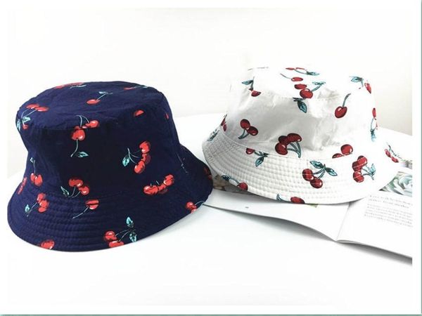 

2019 cotton cherry print bucket hat fisherman hat outdoor travel hat sun cap hats for men and women 519, Blue;gray