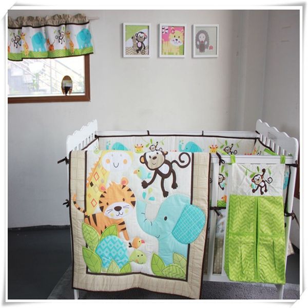 

ins new baby bedding set embroidery animal elephant giraffe tiger bird flowers cover crib bedding set quilt bumper skirt fitted