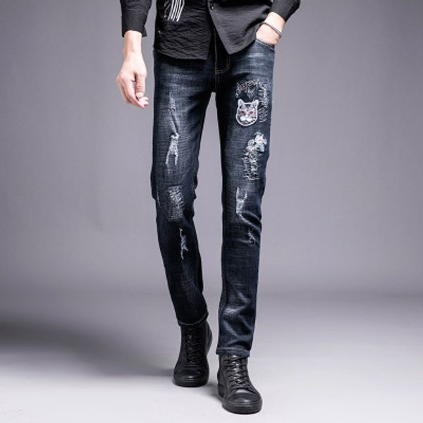 

ripped hole mens jeans denim pants embroideried cat pattern autumn fashion straight denim trousers zipper fly clothing wholesale, Blue