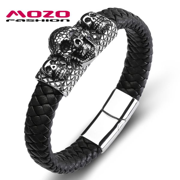 

mozo fashion men 2020 skull bracelet leather stainless steel simple bracelets man grid collocation punk cuff jewelry 148, Golden;silver
