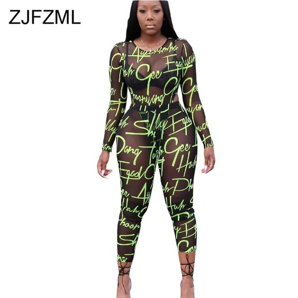 

neon letter print mesh spliced two piece set women long sleeve see through bodysuit and skinny pants sweat suits 2 piece outfit, White