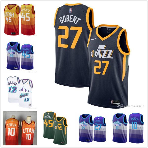 

2020 men's utah jazz 45# donovan mitchell nba jersey mike conley rudy gobert 12# stockton 32# malone throwback basketball jerse, Black