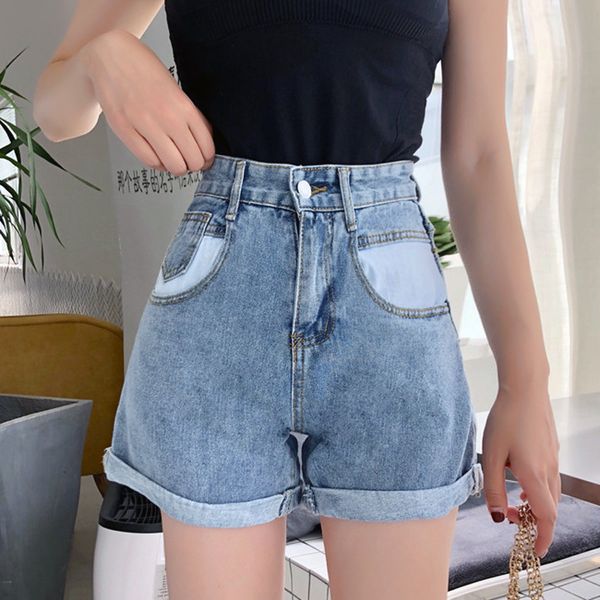 

2019 new summer shorts cotton women fashion rolled denim shorts loose high waist vintage color matching denim female, Blue
