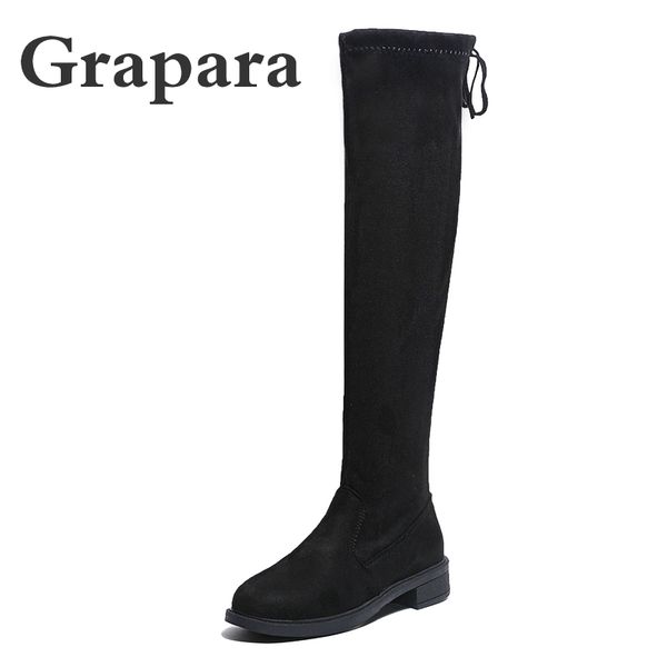 

new ladies shoes thigh high women boots warm plush high heels autumn winter boots women flock long over the knee grapara, Black
