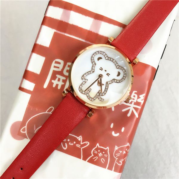 

2020 new luxury women wristwatch red genuine leather dress watch lovely bear quartz cute style rose gold with diamond relojes de marca mujer, Slivery;brown