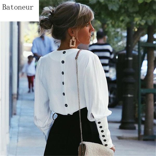 

women's blouses & shirts women casual v-neck long sleeves elegant back button spring summer fashion solid shirt, White