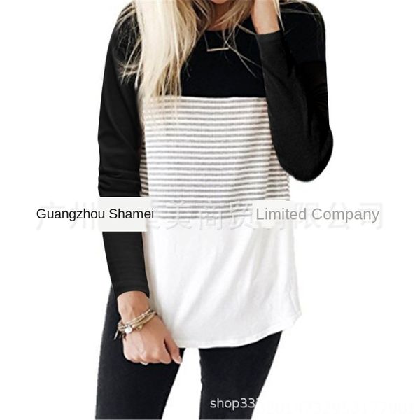 

2020 striped stitching round collar long coat sleeve loose women's 2020 striped stitching round collar long coat t-shirt sleeve t-shirt, White