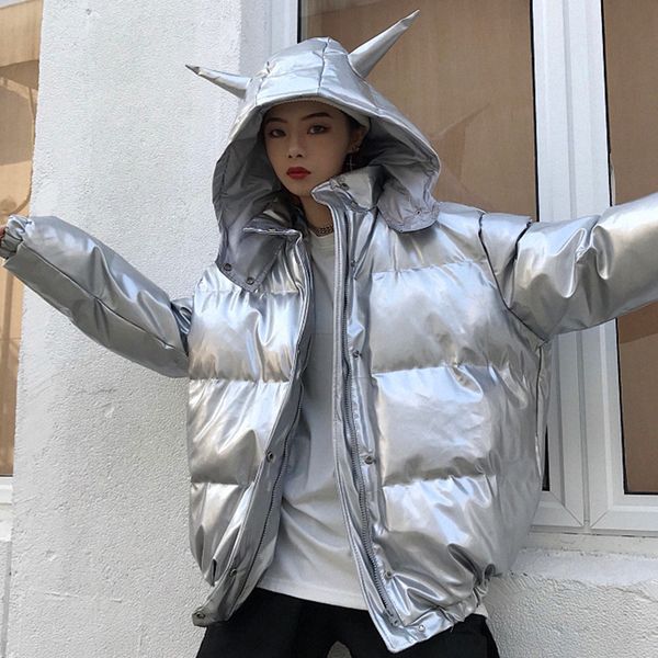 

2020 christmas glossy hoodies thick coat winter jacket women cotton warm parka padded streetwear women shiny outerwear jacket, Black