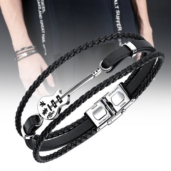 

21cm guitar bracelet leather braided rope multi layer bangle gifts for men@88, Golden;silver
