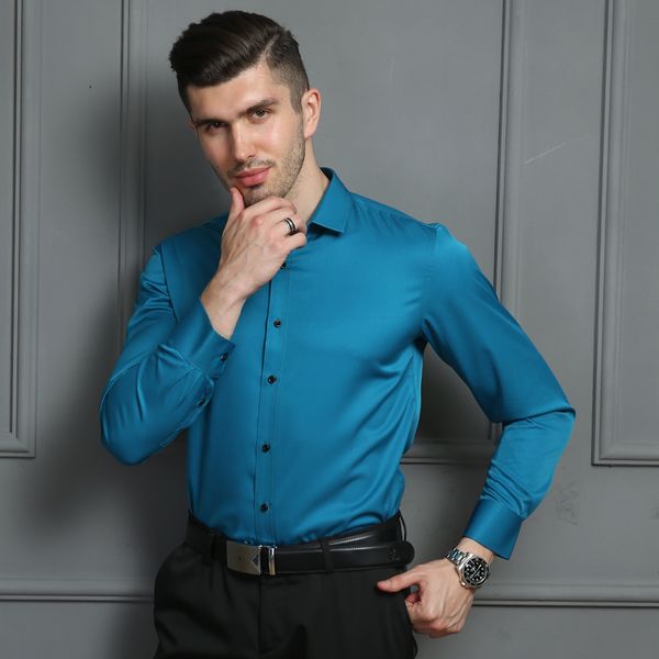 

men's long sleeve solid dress shirts stretch easy care non iron shirt men soft bamboo fiber regular-fit business casual, White;black