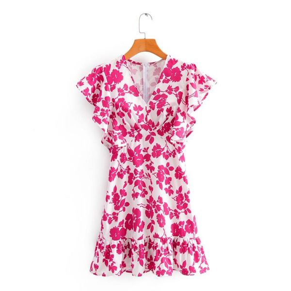 

2020 women sweet butterfly sleeve floral print casual slim dress elegant v neck hem pleat ruffles vestidos chic dresses ds3577, Black;gray