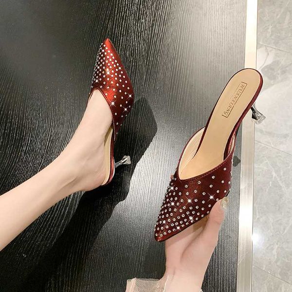 

high heel slippers women shiny rhinestones mules shoes pointed toe slippers summer shoes women 2020 closed toe sandals, Black