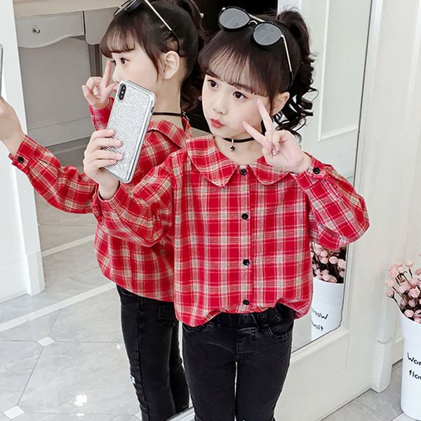 

new 2019 teenage girls plaid shirts blouses clothes cotton children back to school autumn long sleeve for kids girls shirts, White;black