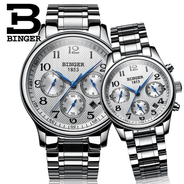 

switzerland watches lover's binger men's mechanical and women's quartz wristwatches sapphire waterproof b-603mw, Slivery;brown