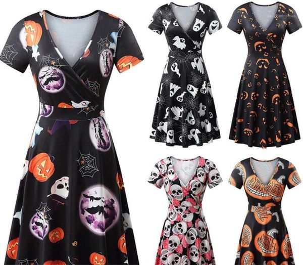 

v-образным вырезом с короткими рукавами платья женские костюмы на хэллоуин хэллоуин женские платья мода сексуальная тонкий черепа тыква печа, White;black