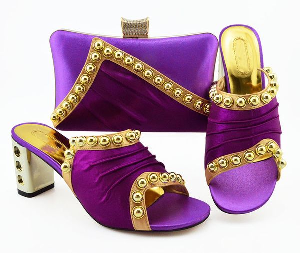 

Wonderful purple women high heel shoes match handbag set with metal decoration african pumps and bag for dress shoes MM1090,7.5CM