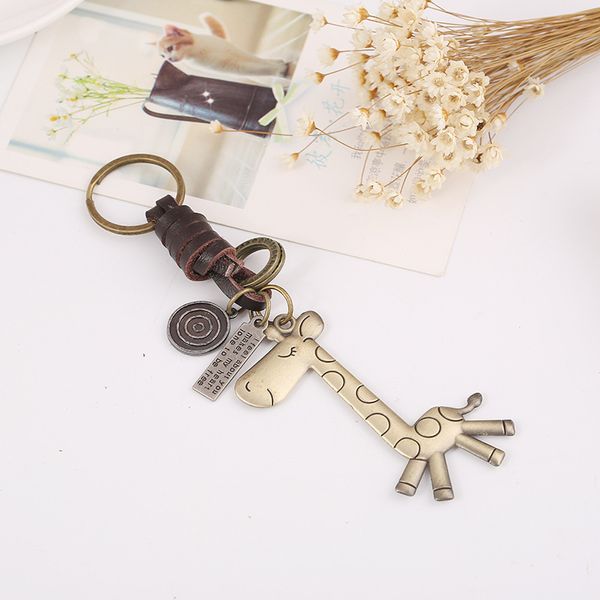 

fashion cute animal keychain giraffe suspension pendant vintage weaving leather key chain jewelry for men women, Silver