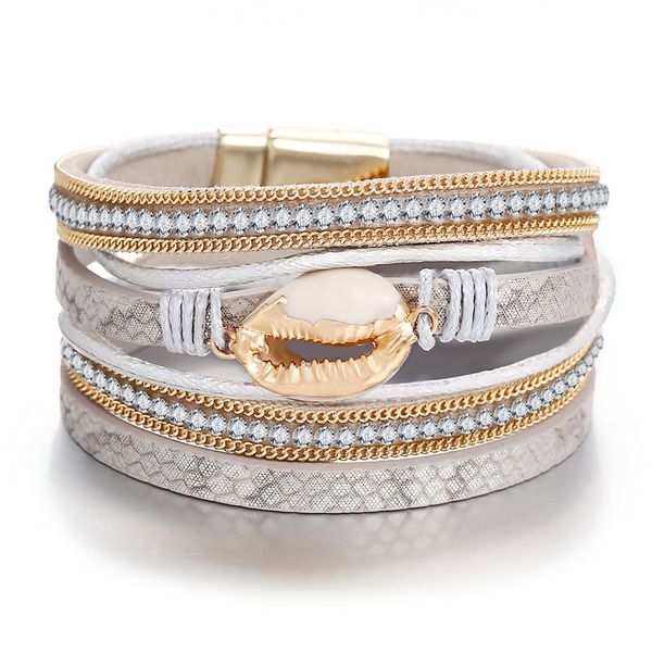 

natural shell leather bracelet for women female handmade braided multilayer rhinestone wrap bracelets gold color chain jewelry, Golden;silver