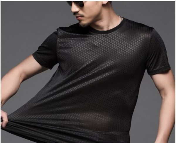 

summer men's round neck printed short-sleeved t-shirt plaid large size high elastic ice silk breathable hollow bottoming shirt two hund, White;black