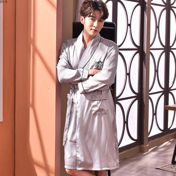 

sleepwear men 2019 spring long sleeve silk men's bathrobe two suits male bathrobe silk short pants home wear long robe, Black;brown