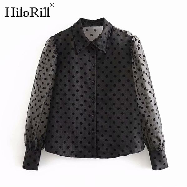 

женщины моды горошек органзы блузка sexy прозрачное с длинным рукавом повседневная bouses женский turn down воротник chic рубашка 2020, White