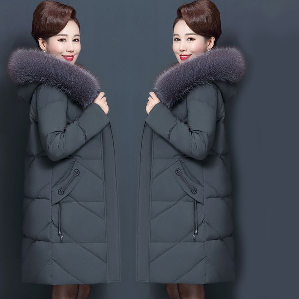 

2019 winter fashion middle-aged women's thick warm hooded down cotton coat jacket long section large fur collar plus size yl426, Black