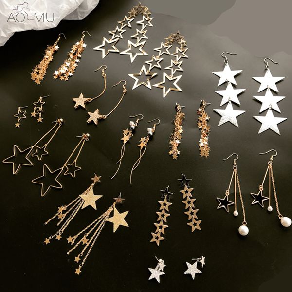 

aomu new design asymmetric metal gold star earring for women bijoux pentagram tassel long drop earrings party new year gift, Silver