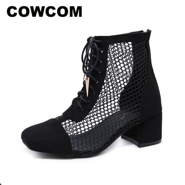 

cowcom 2020 summer hollow mesh boots baotou roman medium coarse heel mesh breathable cool boots shoes woman 5.5cm jxq, Black