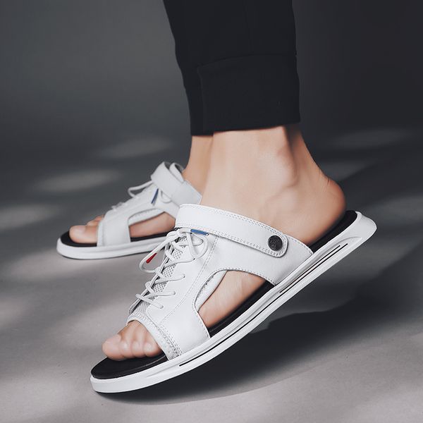 

sandals men casual comfortable breathable for shoes summer genuine leather sport slippers, Black