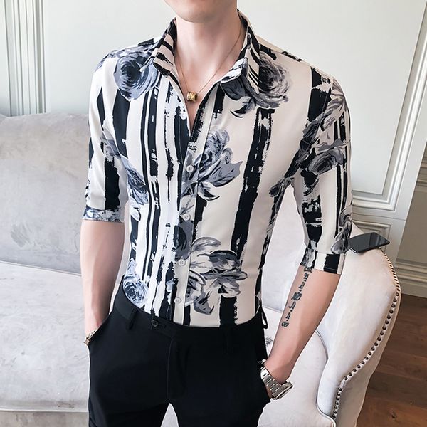 

лето 2020 мужская рубашка в полоску марка мода slim fit цветочные рубашки для мужчин половина рукава повседневная блуза мужская одежда клуба, White;black