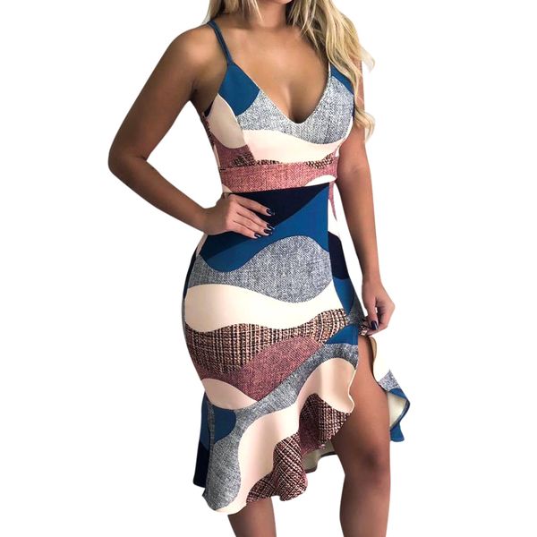 

wrap hip printed daily women dress irregular hem gift fashion v neck party sling straps ruffled slim waist holiday, Black;gray