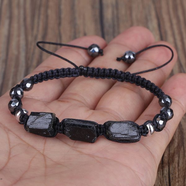 

natural rough black tourmaline healing stone bead faceted hematite nylon rope adjustable macrame energy bracelet man women