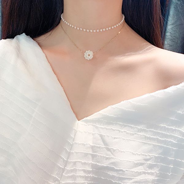 

fyuan korean style double pearl choker necklaces bijoux pearl ball pendant necklacest for women jewelry party gifts, Golden;silver