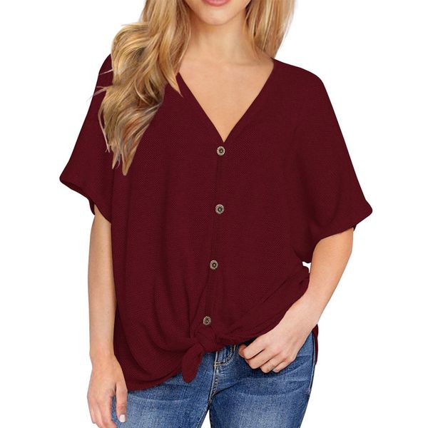 

2019 new ladies fashion v-neck short-sleeved button loose tees top, White